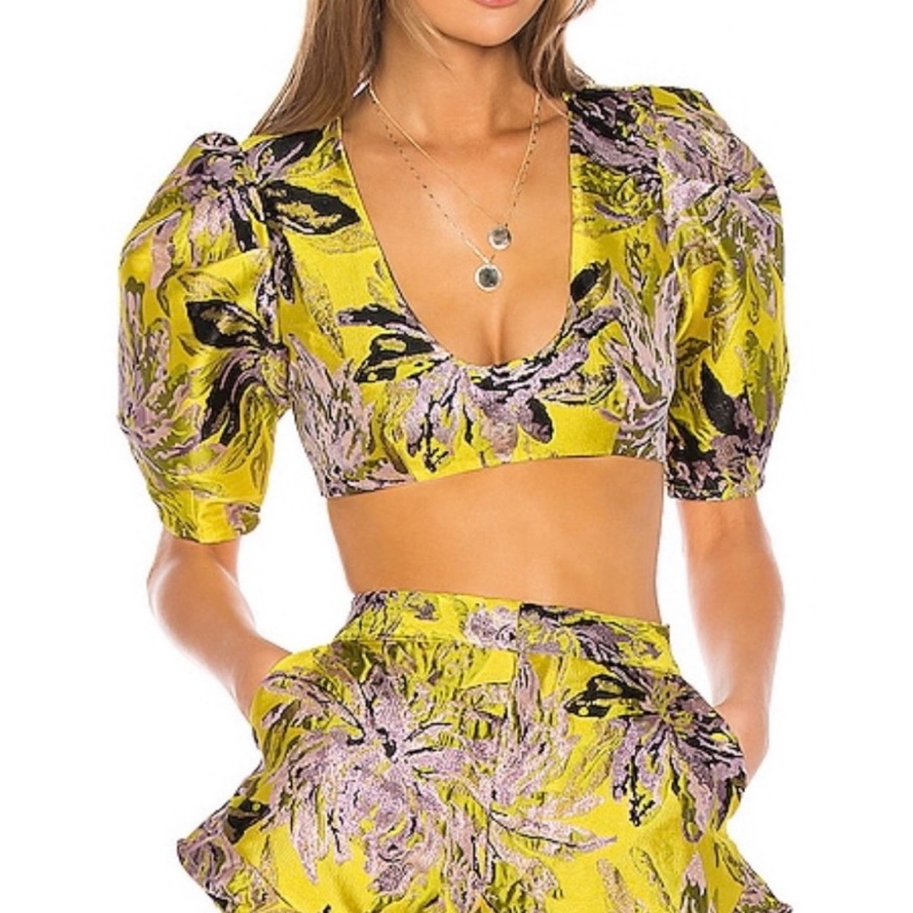 Camila Coelho Yellow and Purple Floral Crop Set/ shorts and crop top